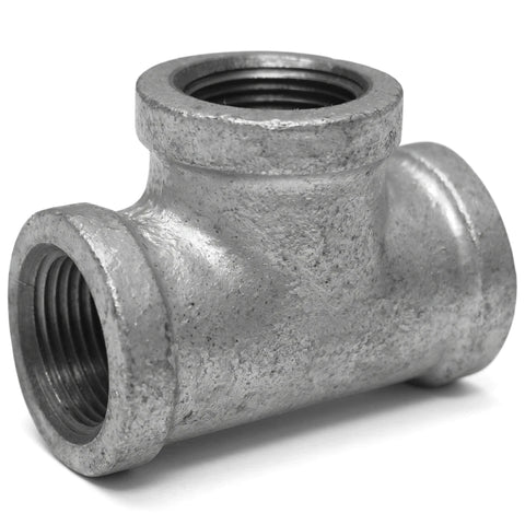 Metallic galvanized equal tee pipe fitting, threaded on all three ends for plumbing and industrial applications, shown on a