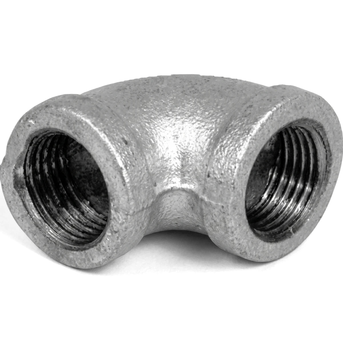 Galvanized 1/2-inch 90-degree female x female elbow plumbing fitting, showing threaded interior and metallic finish.