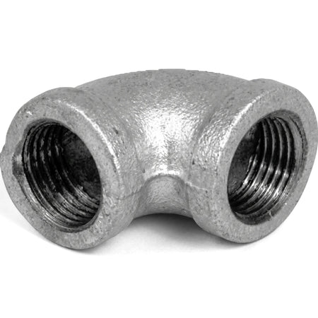 Galvanized 1/2-inch 90-degree female x female elbow plumbing fitting, showing threaded interior and metallic finish.