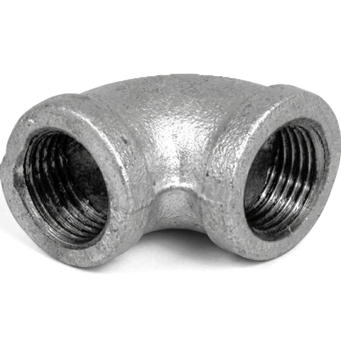 Galvanized 1/2-inch 90-degree female x female elbow plumbing fitting, showing threaded interior and metallic finish.