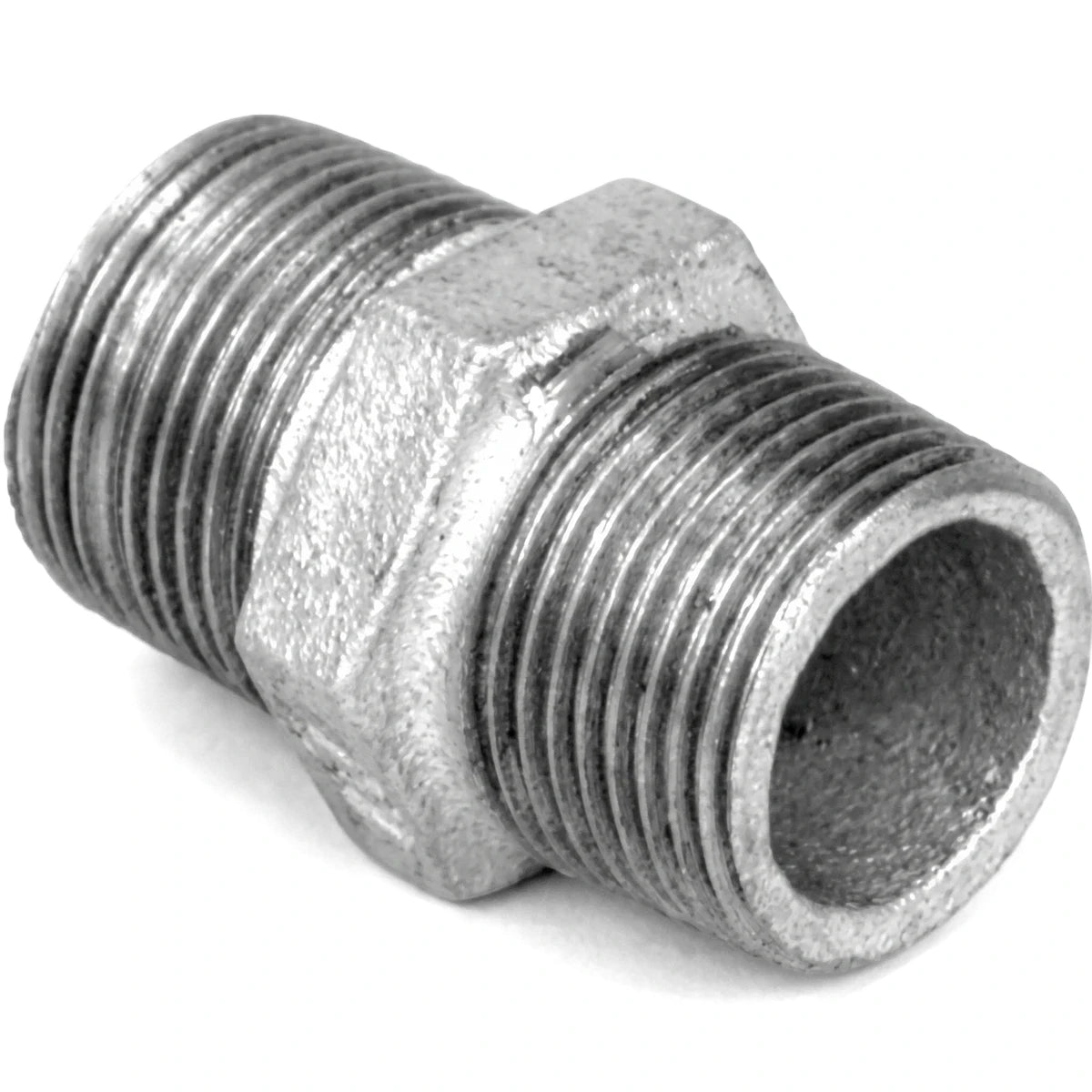 3/4 inch galvanized hex nipple, a threaded pipe fitting used for plumbing and industrial connections, shown in a close-up.