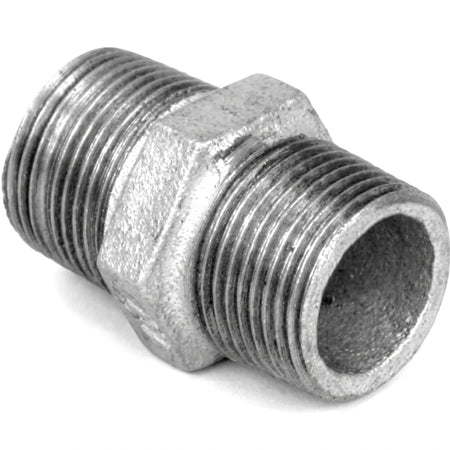 3/4 inch galvanized hex nipple, a threaded pipe fitting used for plumbing and industrial connections, shown in a close-up.