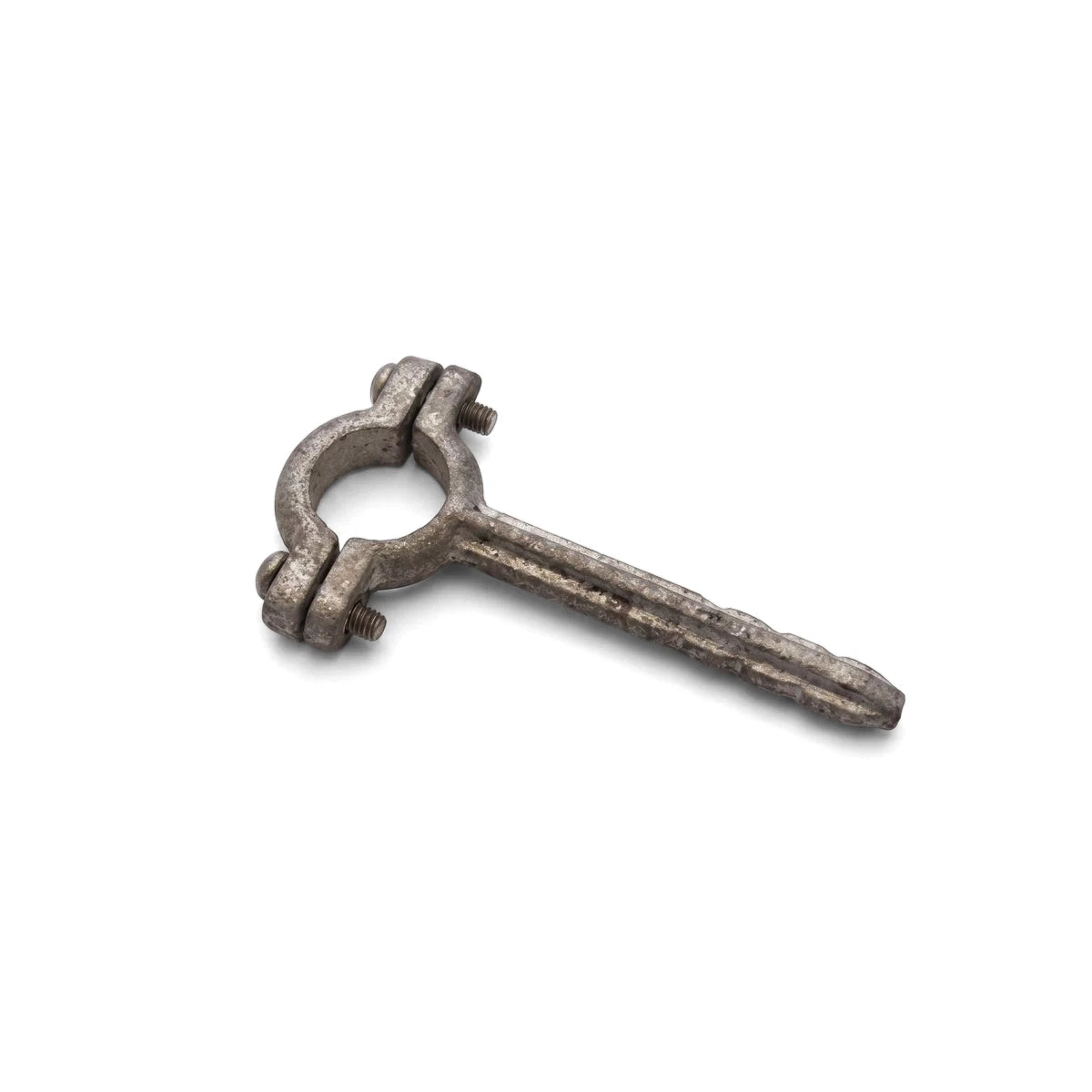 Galvanized Holderbat Bracket with clamp and ground spike, 3/4 inch size, made of durable metal for securing pipes and other