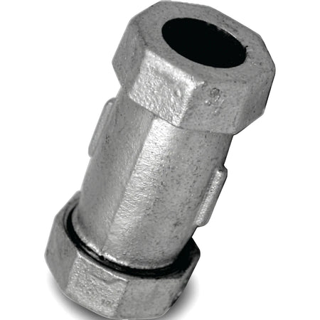 A 1/2 inch galvanized Johnson coupling, a durable metal plumbing fitting, shown in an angled view.
