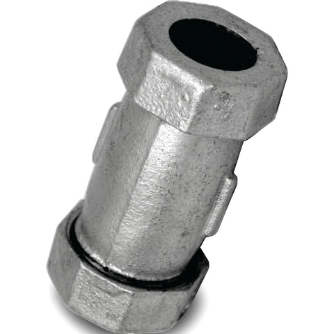 A 1/2 inch galvanized Johnson coupling, a durable metal plumbing fitting, shown in an angled view.