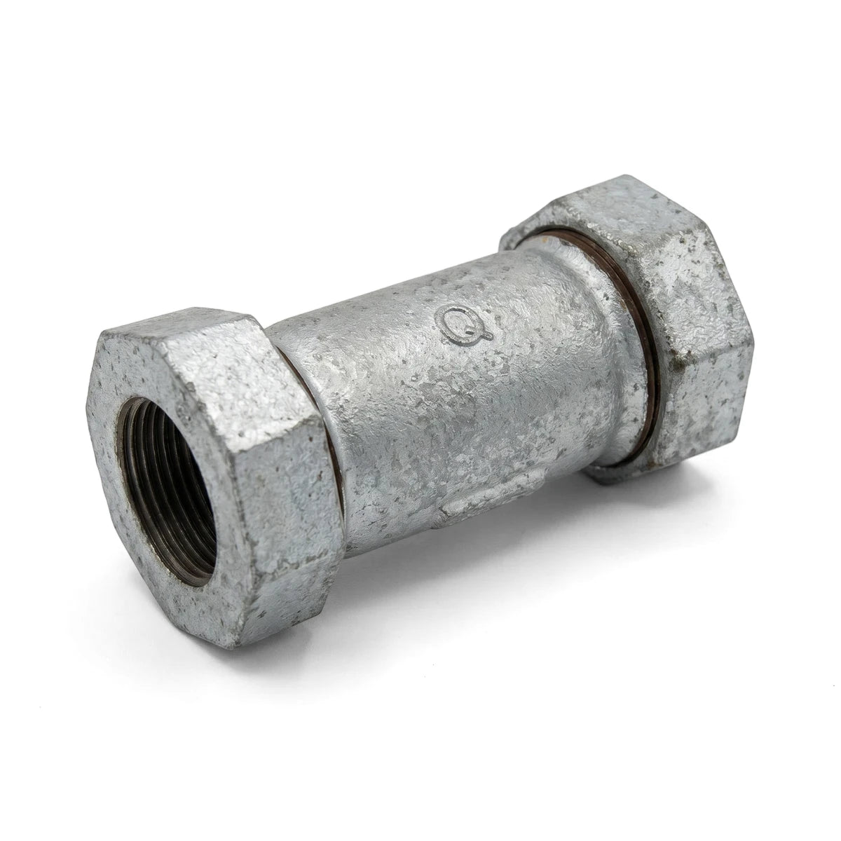 3/4 inch galvanized Johnson coupling, a durable metal pipe fitting with hexagonal nuts, ideal for secure connections.