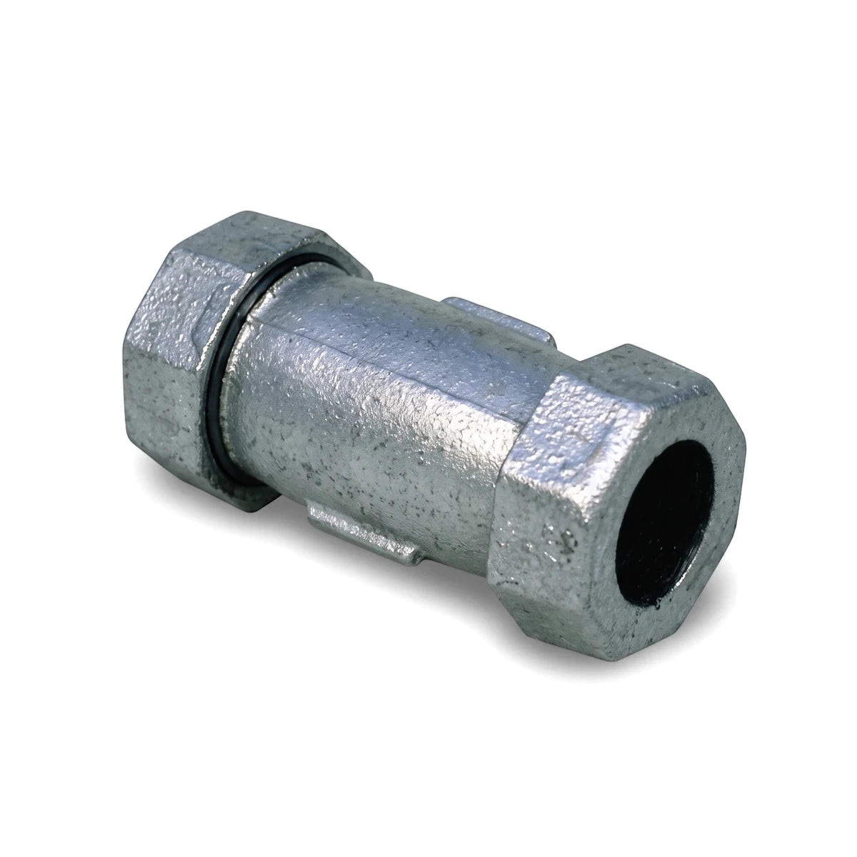 A single galvanized Johnson coupling, a durable metal plumbing fitting with hexagonal ends, is shown for connecting pipes.