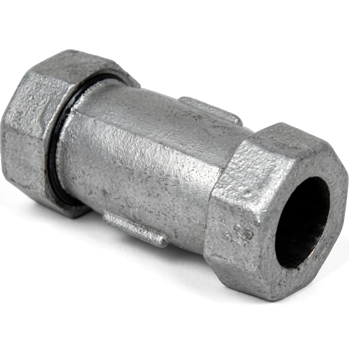Galvanized Johnson coupling in a metallic finish, featuring hexagonal nuts on both ends, viewed at eye level.