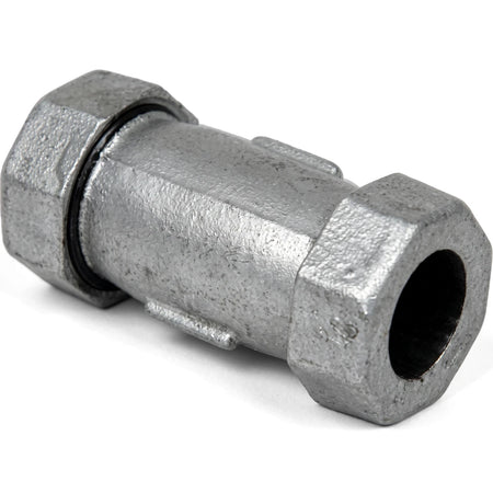 Galvanized Johnson coupling in a metallic finish, featuring hexagonal nuts on both ends, viewed at eye level.