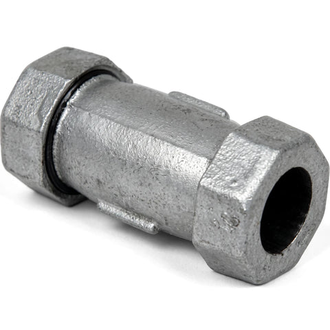Galvanized Johnson coupling in a metallic finish, featuring hexagonal nuts on both ends, viewed at eye level.