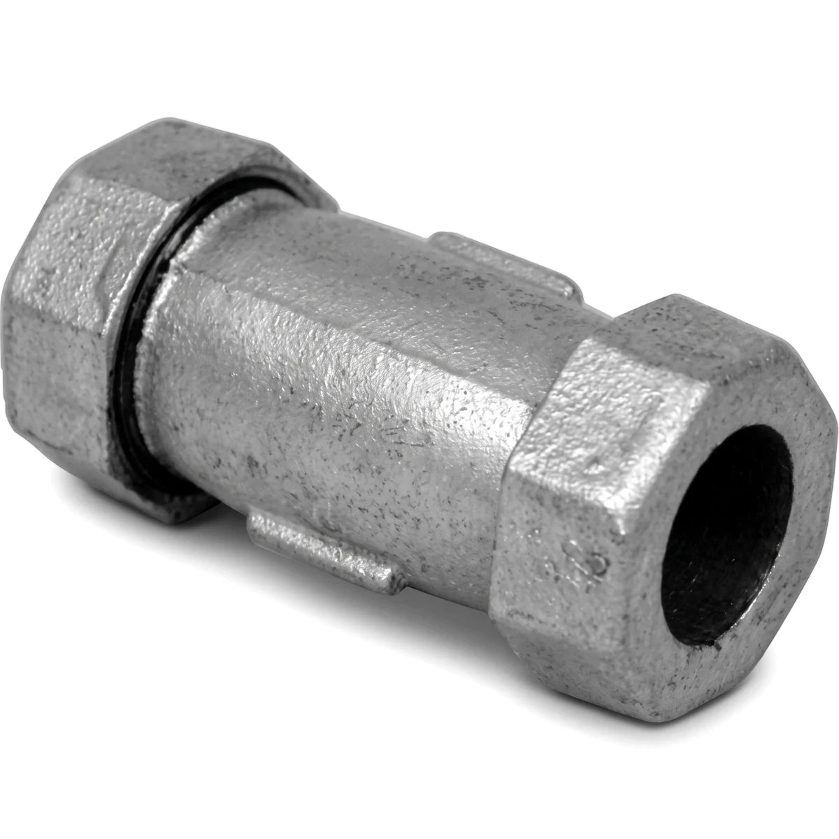 A silver metal galvanized Johnson coupling with hexagonal nuts on both ends, used as a pipe fitting.