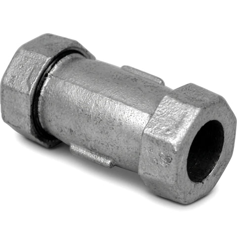 A silver metal galvanized Johnson coupling with hexagonal nuts on both ends, used as a pipe fitting.