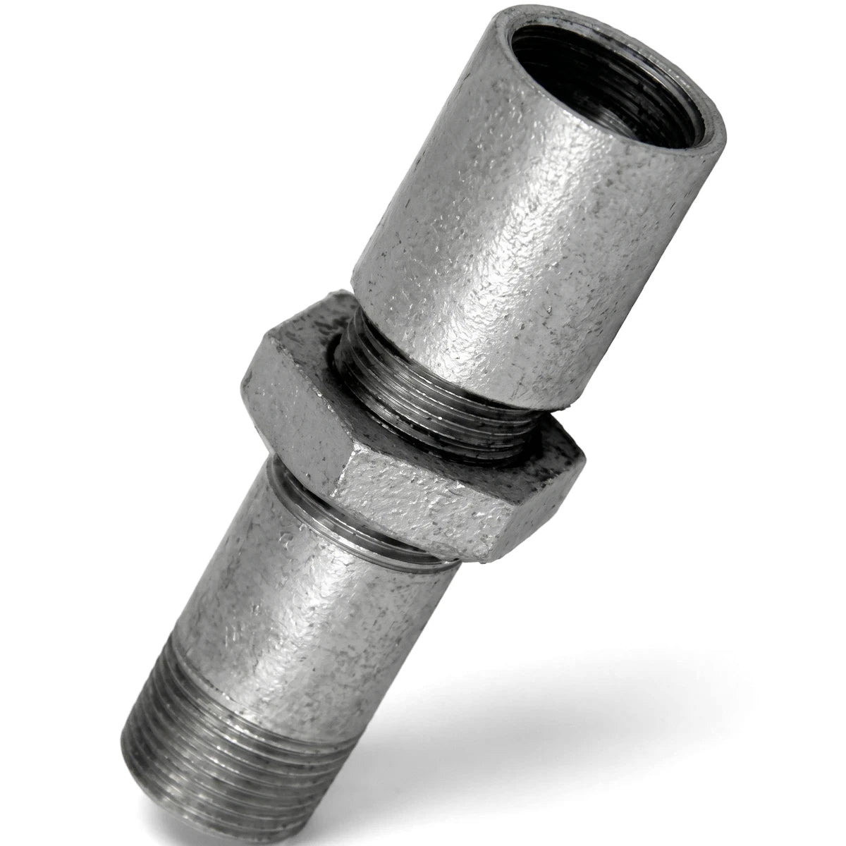A 1/2 inch galvanized longscrew with threaded ends and a hexagonal nut in the center, shown from a slightly angled view.