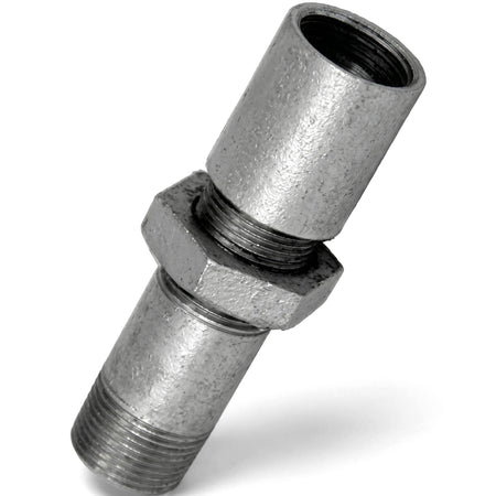 A 1/2 inch galvanized longscrew with threaded ends and a hexagonal nut in the center, shown from a slightly angled view.