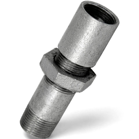 A 1/2 inch galvanized longscrew with threaded ends and a hexagonal nut in the center, shown from a slightly angled view.