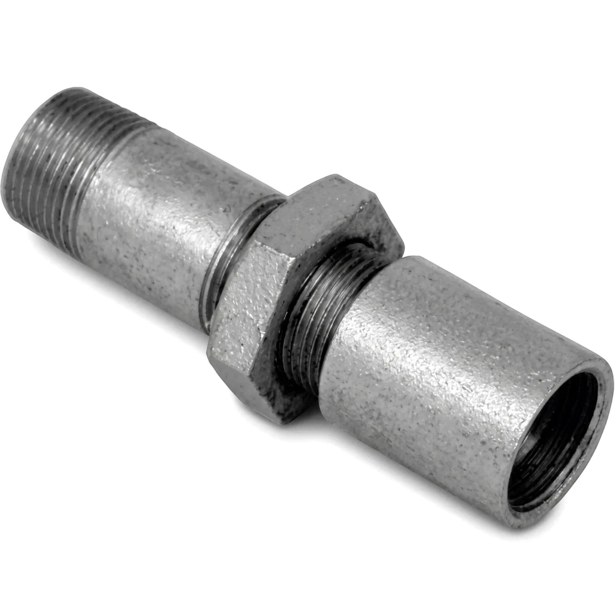 Close-up of a 3/4 inch galvanized longscrew, a durable metal plumbing fitting with threaded ends and a hexagonal nut.