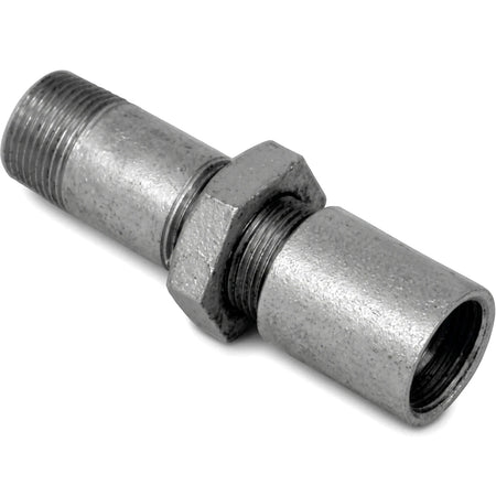 Close-up of a 3/4 inch galvanized longscrew, a durable metal plumbing fitting with threaded ends and a hexagonal nut.