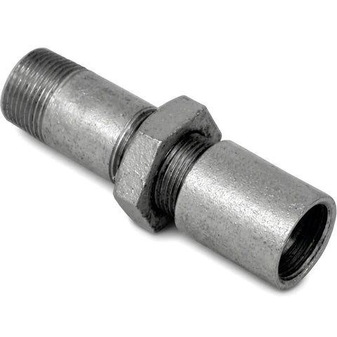 Close-up of a 3/4 inch galvanized longscrew, a durable metal plumbing fitting with threaded ends and a hexagonal nut.