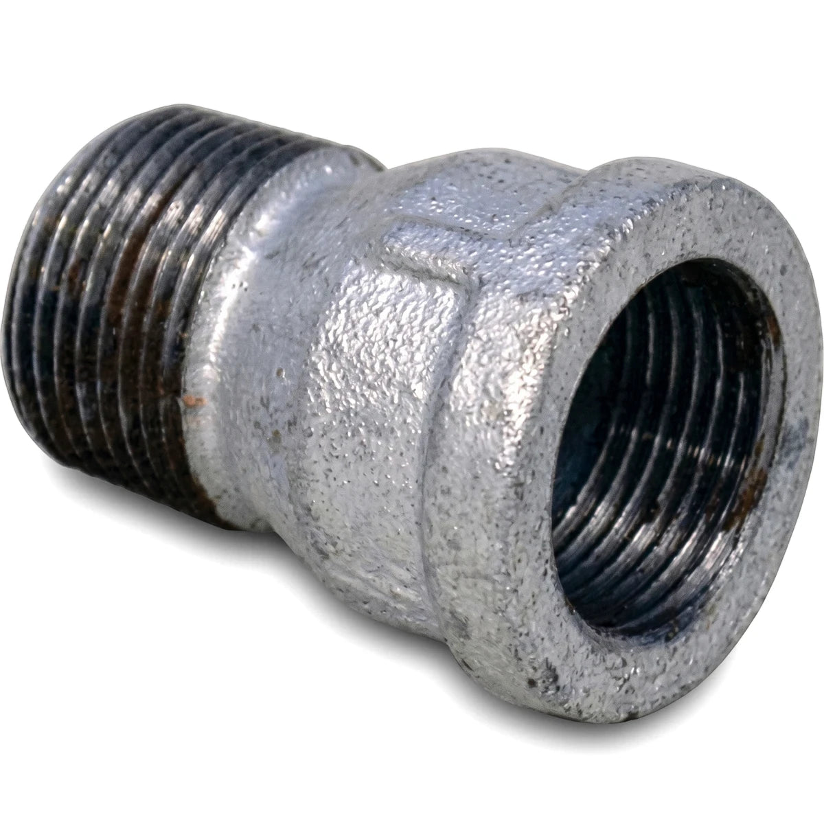 Galvanized 1/2 inch male by female socket pipe fitting, made of gray metal with visible external and internal threading.