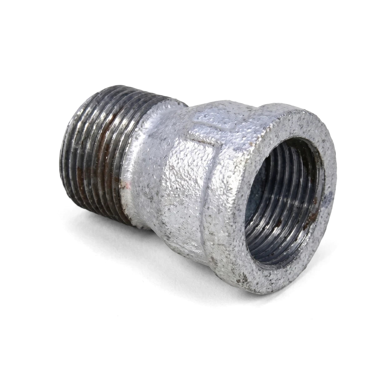 3/4 inch galvanized male to female pipe socket fitting with threaded ends for plumbing and industrial applications, shown