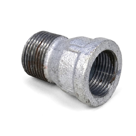 3/4 inch galvanized male to female pipe socket fitting with threaded ends for plumbing and industrial applications, shown