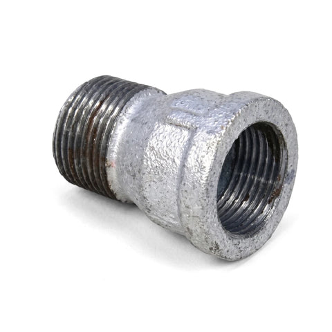 3/4 inch galvanized male to female pipe socket fitting with threaded ends for plumbing and industrial applications, shown