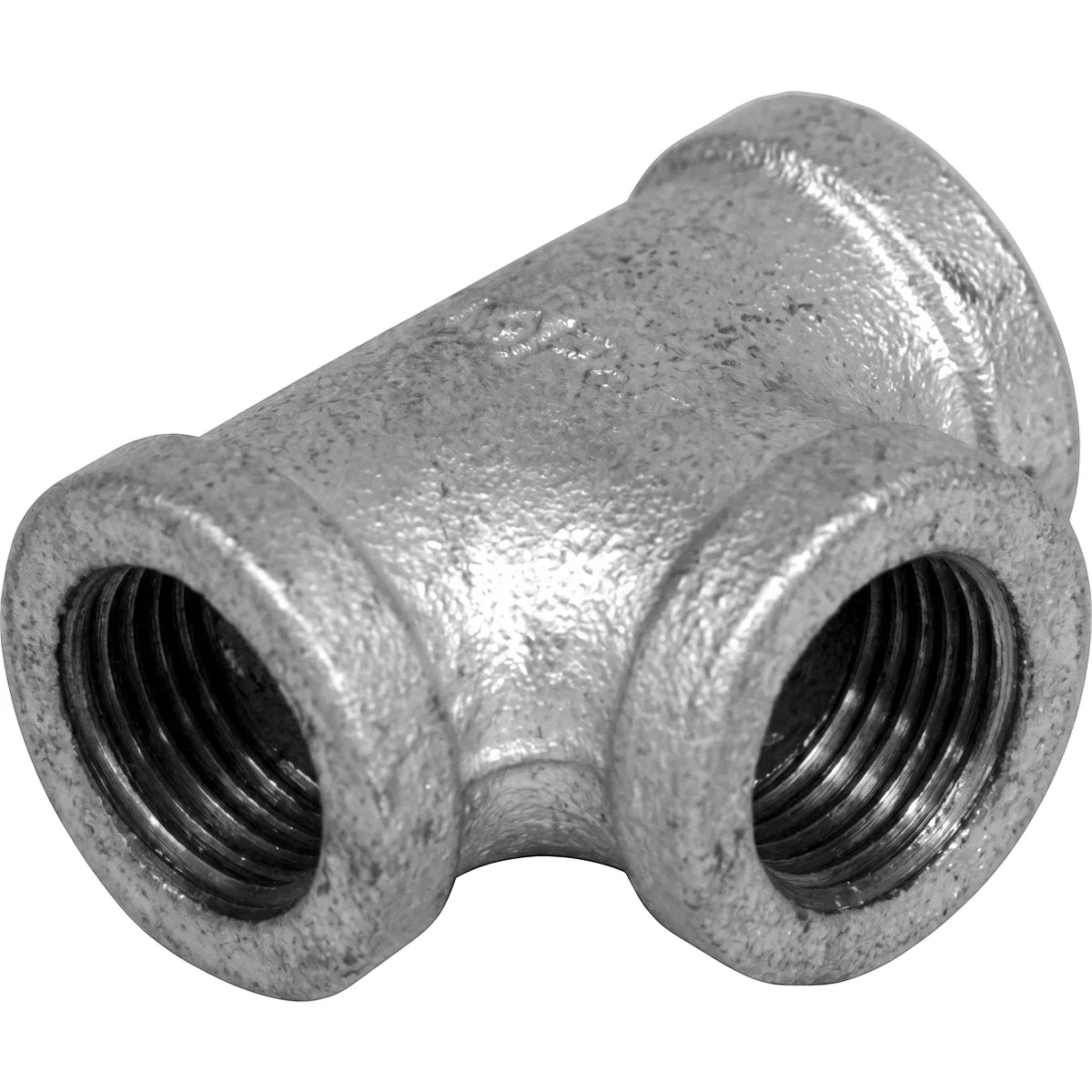 Gray galvanized metal 1/2 inch tee pipe fitting with three internal threaded openings, angled view.
