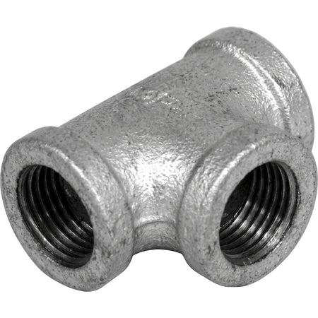 Gray galvanized metal 1/2 inch tee pipe fitting with three internal threaded openings, angled view.