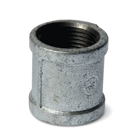 Galvanized metal pipe socket, a threaded plumbing fitting, shown vertically centered against a plain white background.
