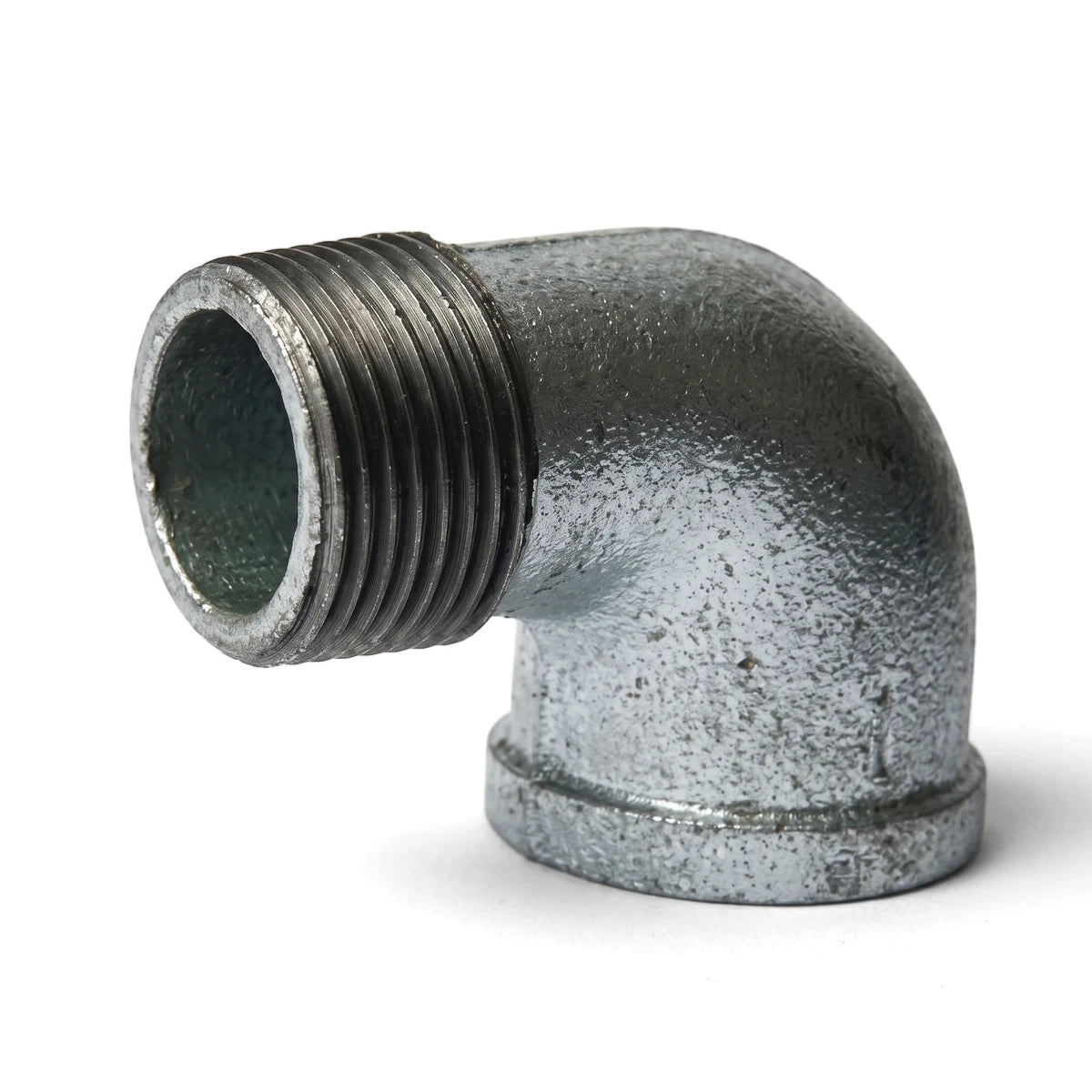 Galvanized MF Elbow 90-degree threaded pipe fitting in metal gray, suitable for plumbing connections.