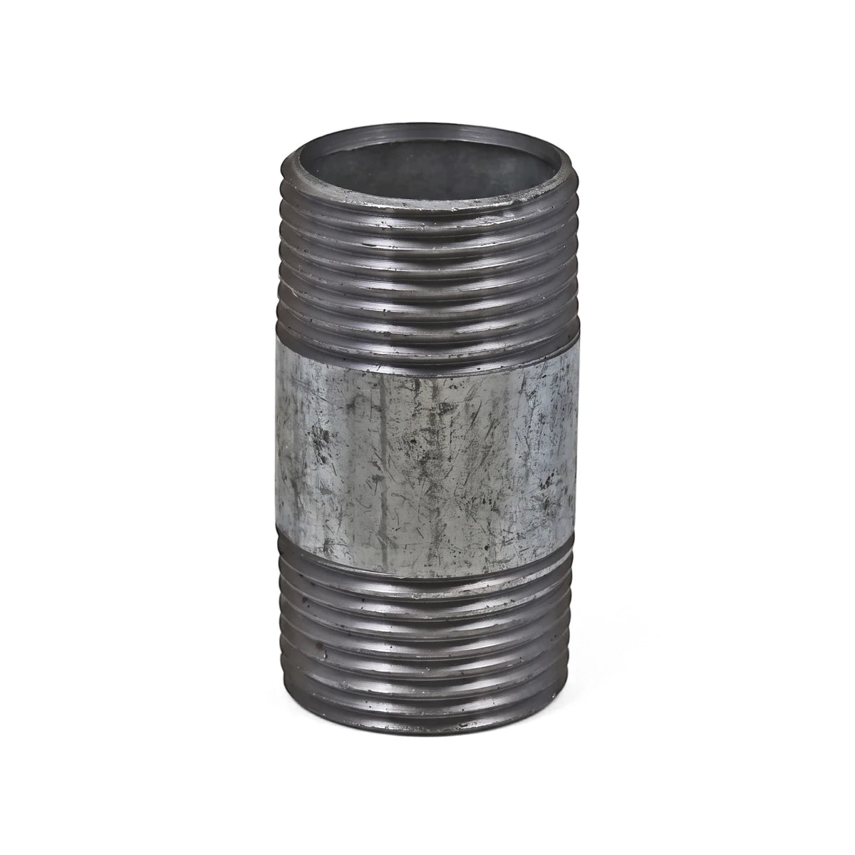 A single galvanized nipple barrel pipe fitting, made of durable metal with threaded ends, on a white background.