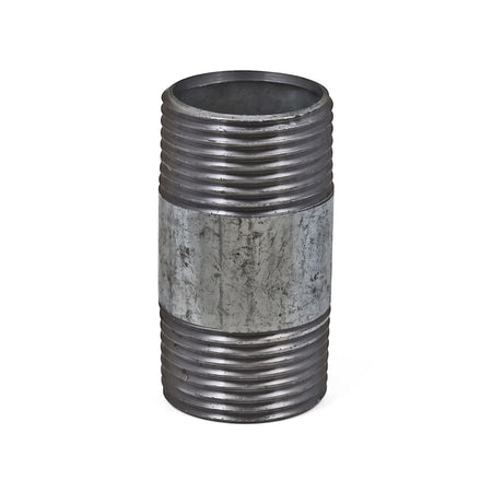 A single galvanized nipple barrel pipe fitting, made of durable metal with threaded ends, on a white background.