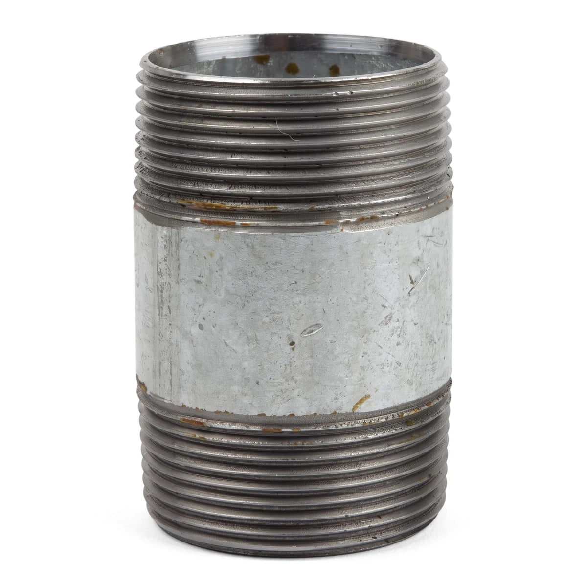 A close-up view of a metal galvanized nipple barrel, featuring prominent threading on both ends and a distinct middle