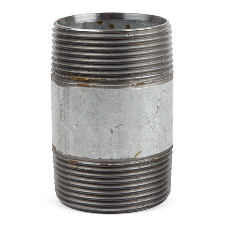 A close-up view of a metal galvanized nipple barrel, featuring prominent threading on both ends and a distinct middle