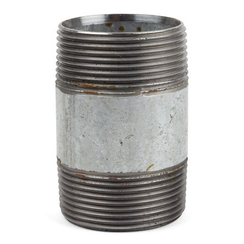 A close-up view of a metal galvanized nipple barrel, featuring prominent threading on both ends and a distinct middle