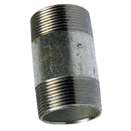 Metallic galvanized nipple barrel fitting with threaded ends for plumbing connections, presented vertically.