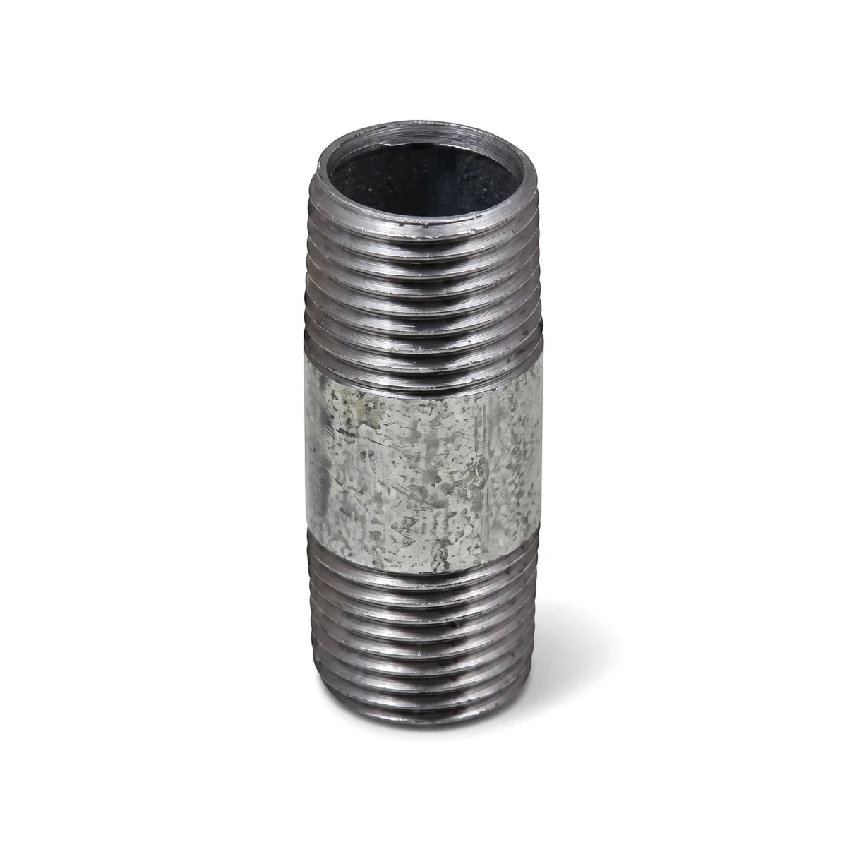 Galvanized nipple barrel, a threaded pipe fitting for plumbing, shown upright in a product view. Made of durable metal.