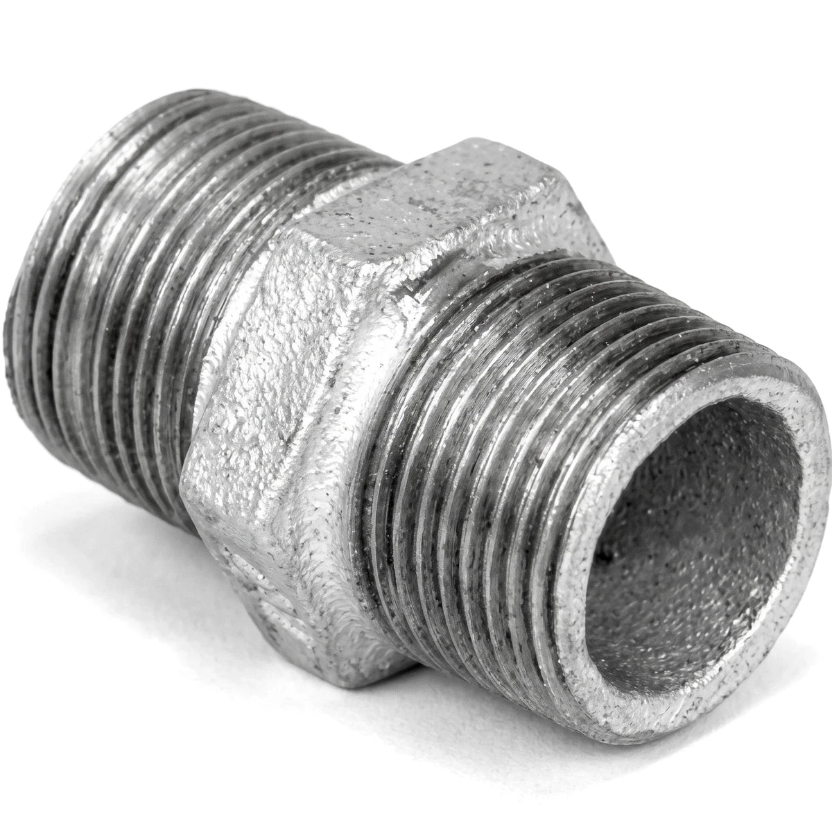 3/4 inch galvanized hex nipple pipe fitting for plumbing applications, shown in a close-up view.