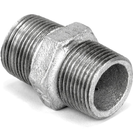 3/4 inch galvanized hex nipple pipe fitting for plumbing applications, shown in a close-up view.