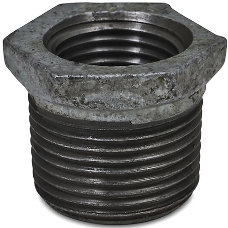 Galvanized reducing bushing, male to female, with external and internal threads and a hexagonal head for pipe connections.