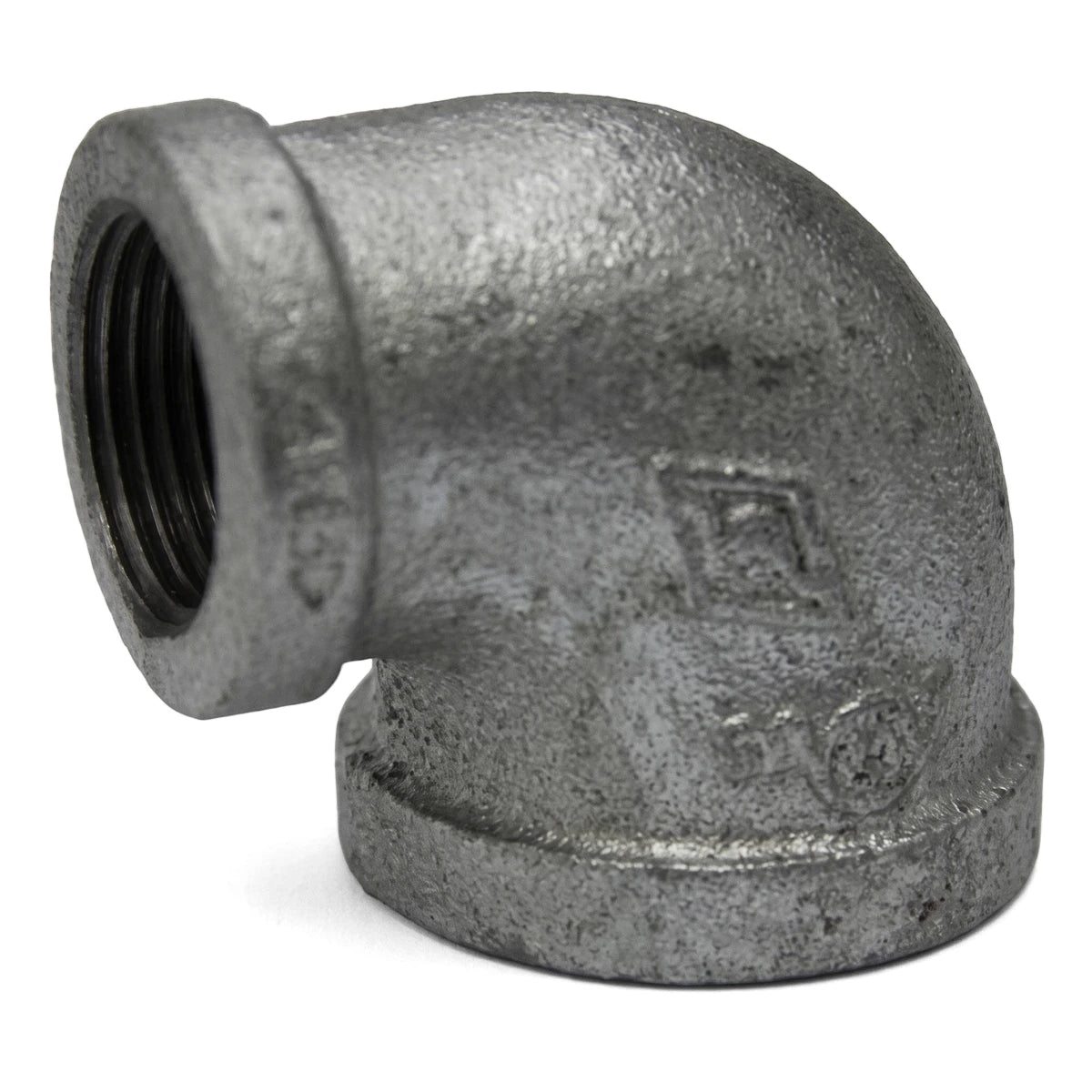 Close-up of a galvanized reducing elbow pipe fitting, featuring a durable silver-gray finish and threaded ends for secure