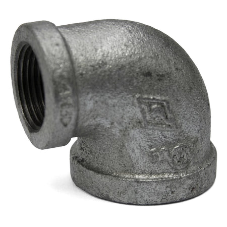 Close-up of a galvanized reducing elbow pipe fitting, featuring a durable silver-gray finish and threaded ends for secure