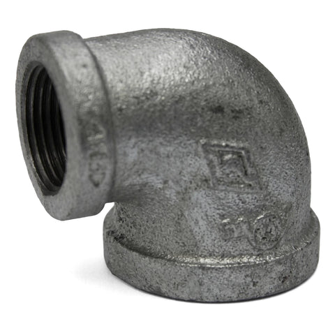 Close-up of a galvanized reducing elbow pipe fitting, featuring a durable silver-gray finish and threaded ends for secure