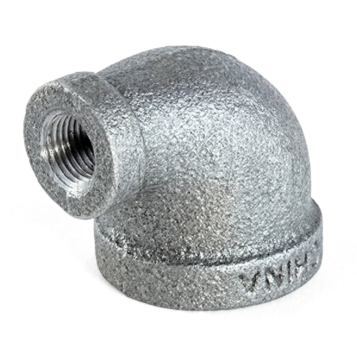 A silver-gray galvanized reducing female x female elbow pipe fitting, 3/4 inch by 1/2 inch, shown at a 90-degree angle.