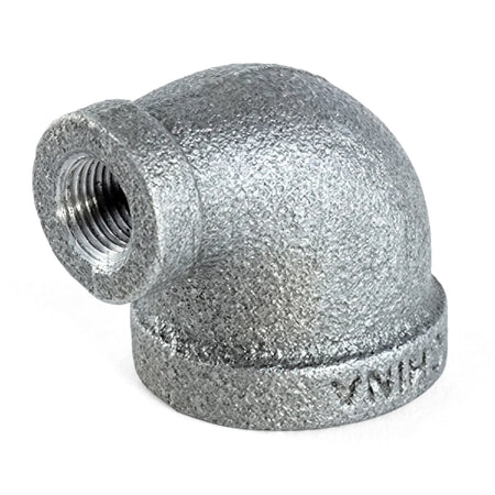A silver-gray galvanized reducing female x female elbow pipe fitting, 3/4 inch by 1/2 inch, shown at a 90-degree angle.