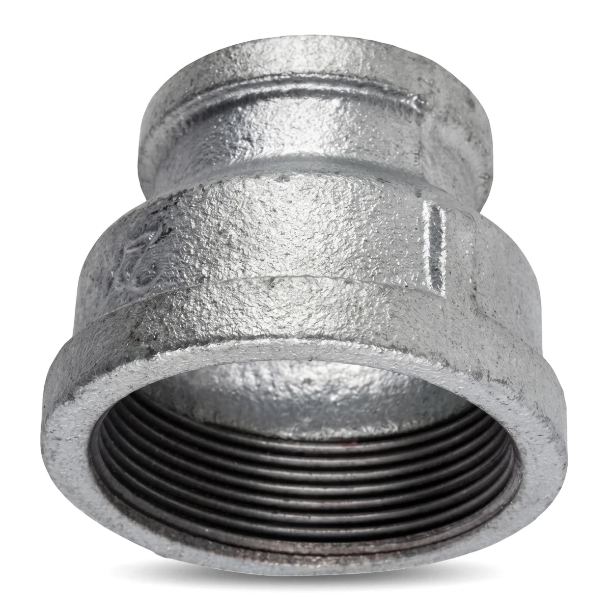Galvanized reducing socket with 1 1/2 by 3/4 inch threaded ends, shown in an angled close-up view.