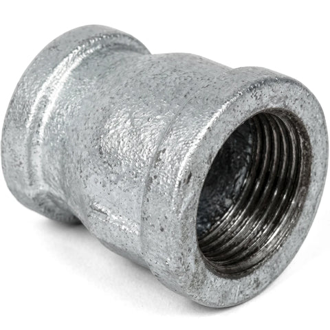 Galvanized reducing socket, 1 by 3/4 inch, a metal pipe fitting with a threaded interior.