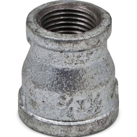 Galvanized reducing socket, 3/4 by 1/2 inch, metal pipe fitting with internal threads for plumbing.
