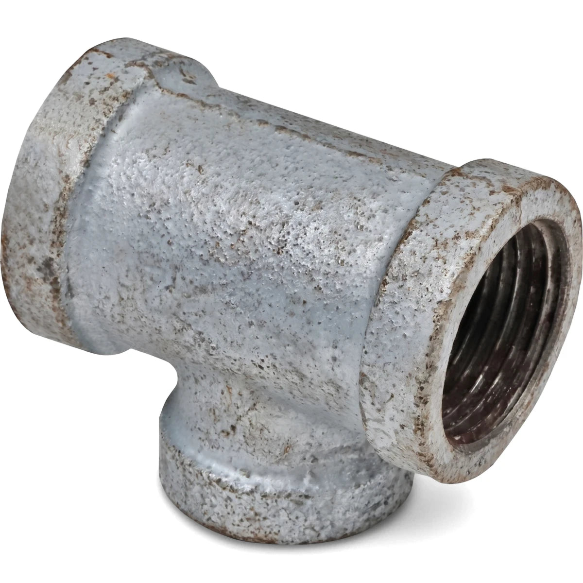 A close-up view of a gray galvanized reducing tee pipe fitting, featuring three threaded openings and a textured metallic