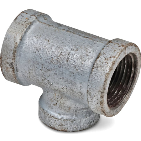 A close-up view of a gray galvanized reducing tee pipe fitting, featuring three threaded openings and a textured metallic